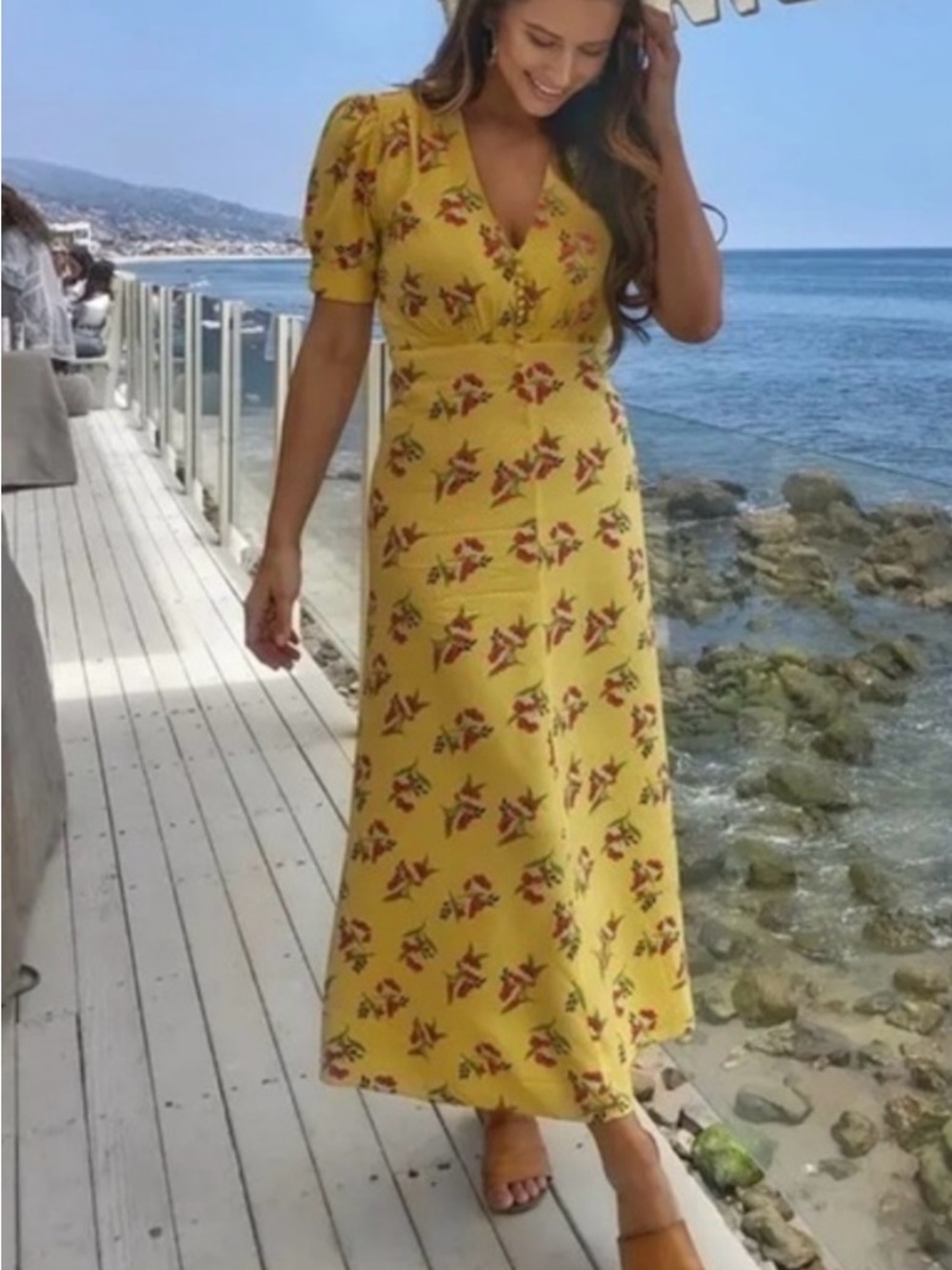 Jill Stuart Yellow Floral V-Neck Maxi Dress with Puff Sleeves